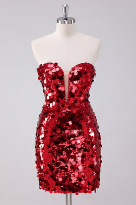 Sparkly Red Strapless Tight Short Homecoming Dress with Detachable Sleeves