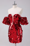 Sparkly Red Strapless Tight Short Homecoming Dress with Detachable Sleeves