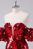 Sparkly Red Strapless Tight Short Homecoming Dress with Detachable Sleeves