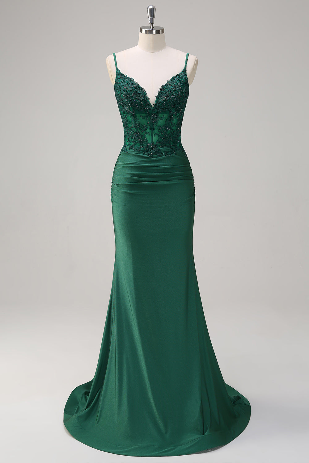 Dark Green V-Neck Mermaid Applique Spaghetti Straps Long Prom Dress