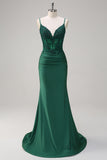 Dark Green V-Neck Mermaid Applique Spaghetti Straps Long Prom Dress