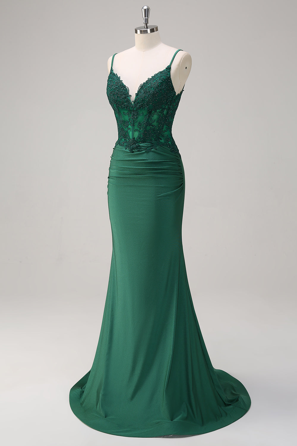 Dark Green V-Neck Mermaid Applique Spaghetti Straps Long Prom Dress