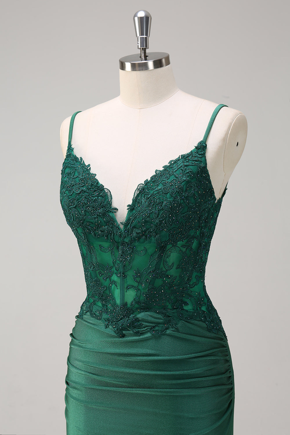 Dark Green V-Neck Mermaid Applique Spaghetti Straps Long Prom Dress