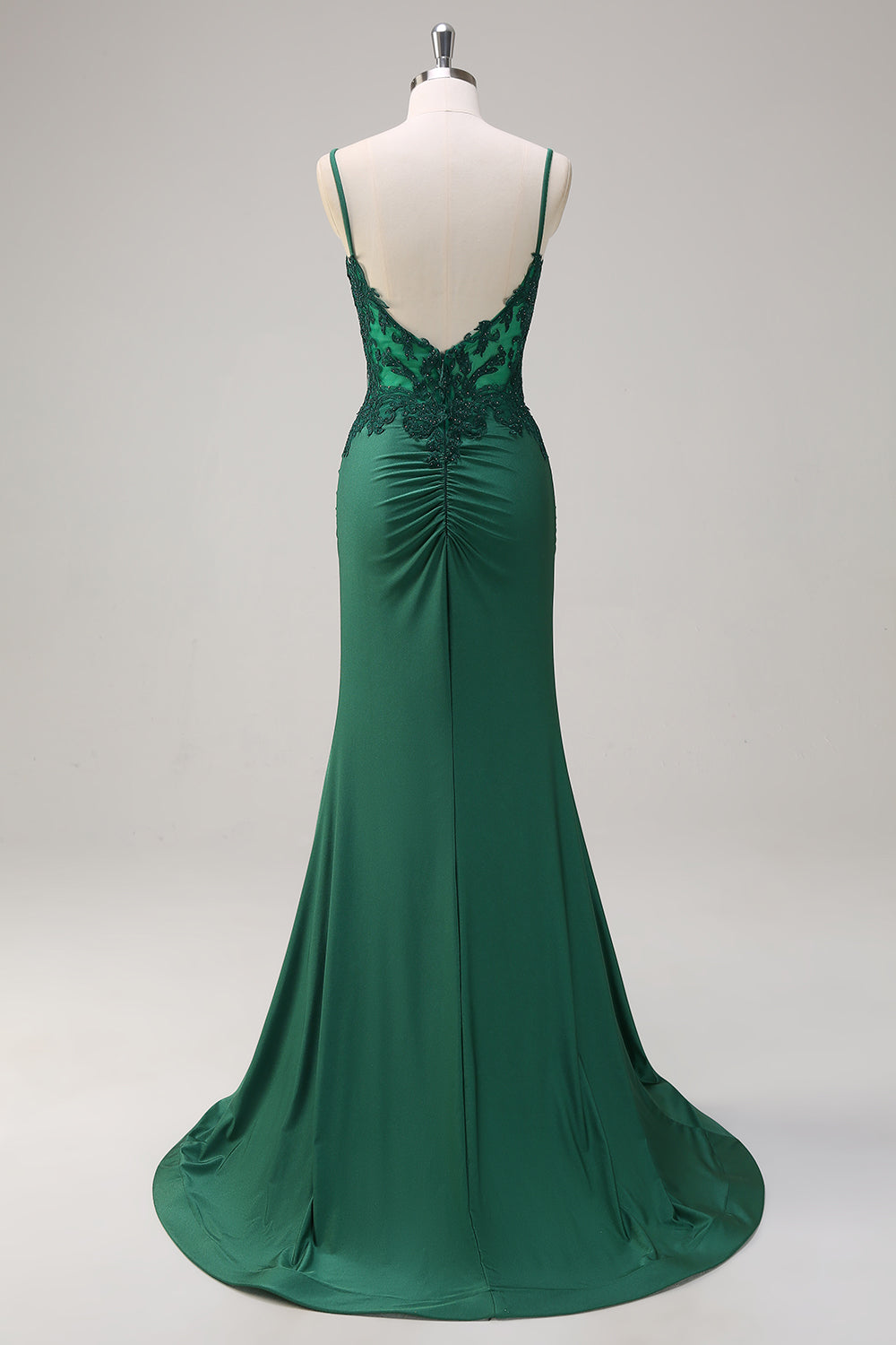 Dark Green V-Neck Mermaid Applique Spaghetti Straps Long Prom Dress