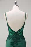 Dark Green V-Neck Mermaid Applique Spaghetti Straps Long Prom Dress