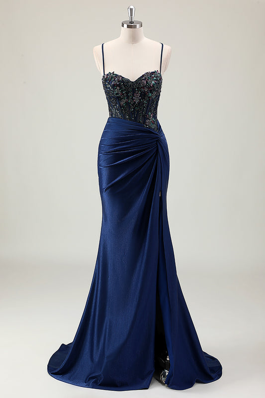 Mermaid Sparkly Dark Navy Spaghetti Straps Ruched Long Prom Dress