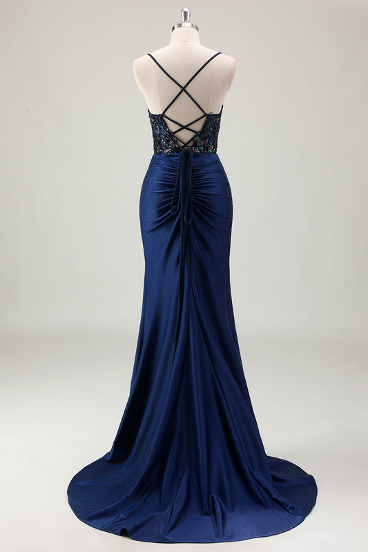 Mermaid Sparkly Dark Navy Spaghetti Straps Ruched Long Prom Dress