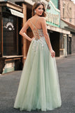 Sage Floral Spaghetti Straps Long Prom Dress with Lace