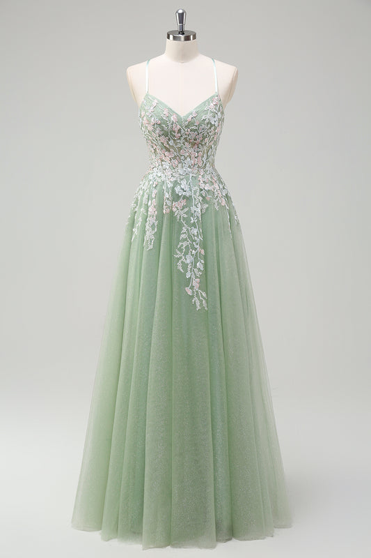 Sage Floral Spaghetti Straps Long Prom Dress with Lace