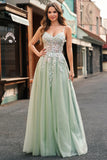 Sage Floral Spaghetti Straps Long Prom Dress with Lace