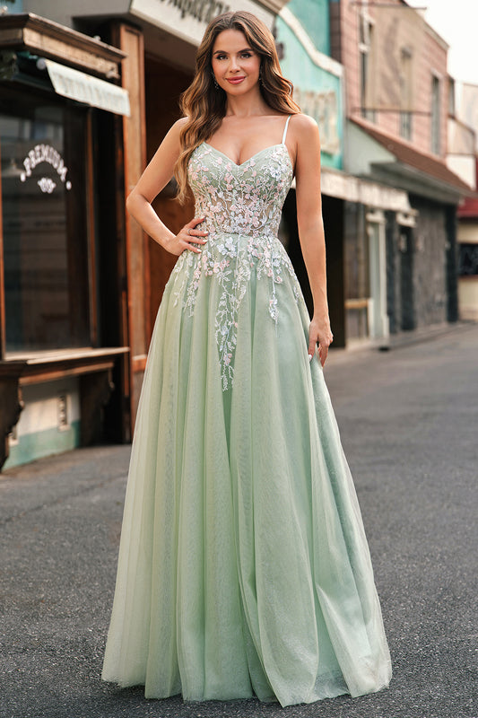 Sage Floral Spaghetti Straps Long A Line Prom Dress with Lace