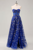 Sparkly Sweetheart Royal Blue Corset Long Prom Dress With Slit