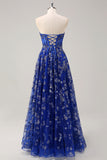 Sparkly Sweetheart Royal Blue Corset Long Prom Dress With Slit