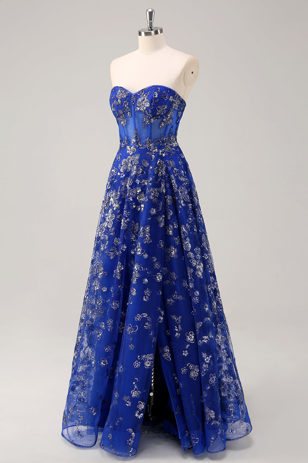 Sparkly Sweetheart Royal Blue Corset Long Prom Dress With Slit