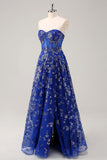 Sparkly Sweetheart Royal Blue Corset Long Prom Dress With Slit