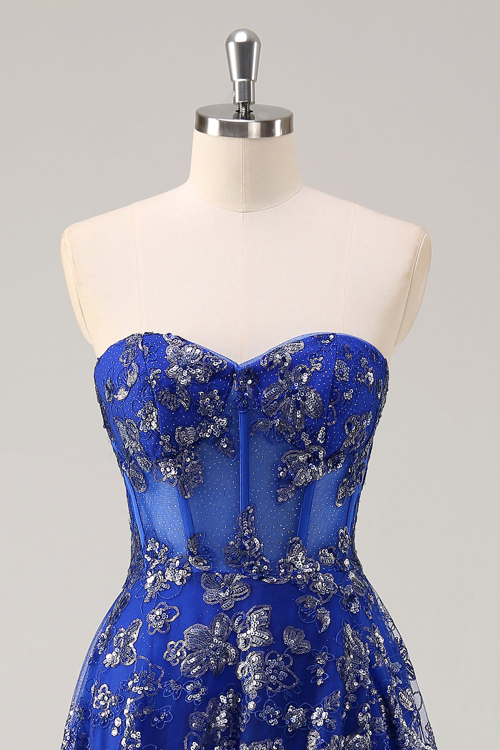 Sparkly Sweetheart Royal Blue Corset Long Prom Dress With Slit