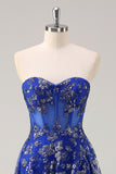 Sparkly Sweetheart Royal Blue Corset Long Prom Dress With Slit