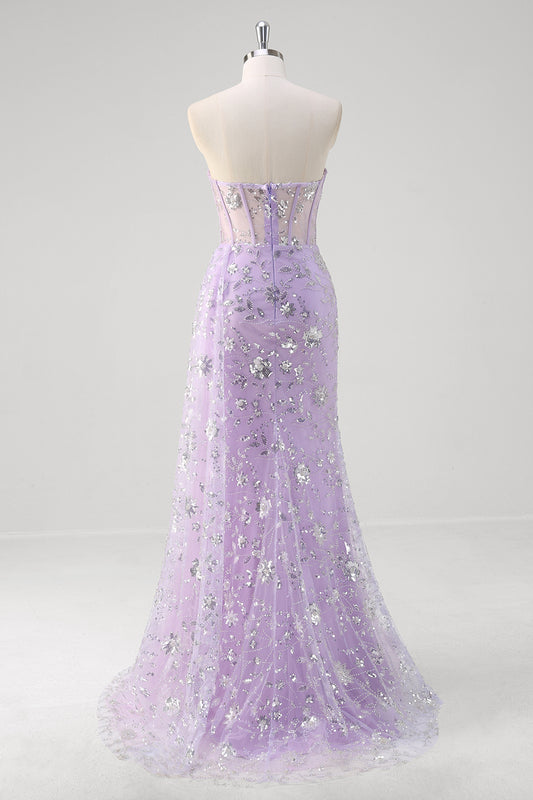 Sparkly Light Purple Mermaid Floral Sweetheart Long Prom Dress with Slit