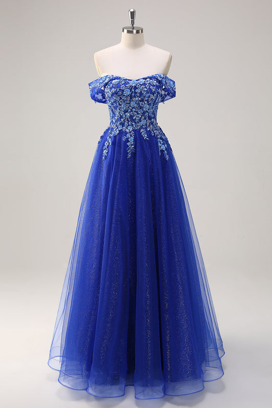 Sparkly Royal Blue Floral A-Line Off The Shoulder Long Prom Dress