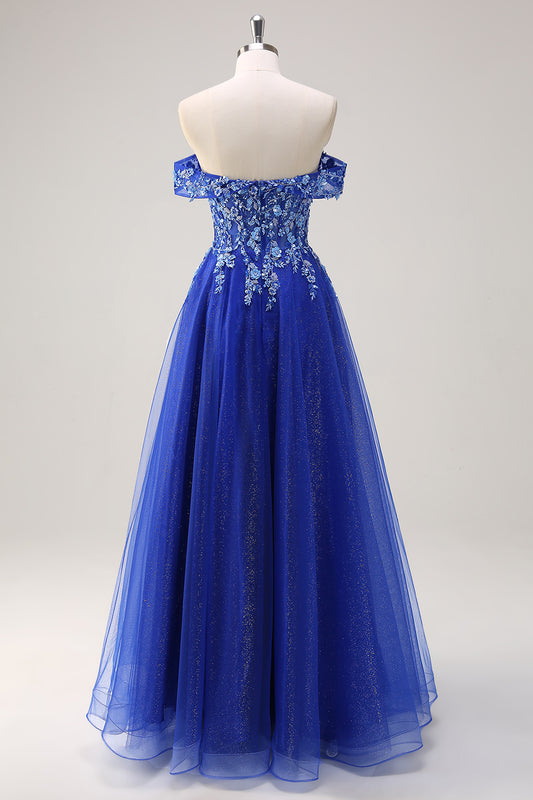 Sparkly Royal Blue Floral A-Line Off The Shoulder Long Prom Dress