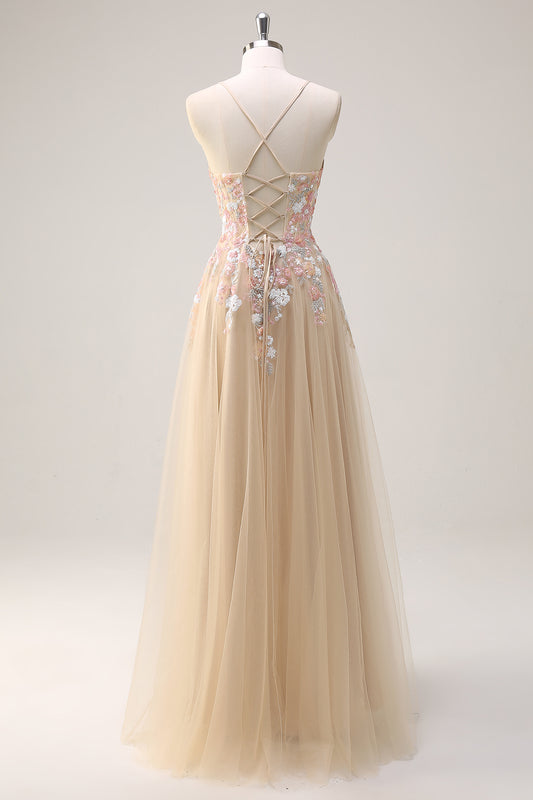 Champagne Floral Spaghetti Straps Corset A-Line Long Prom Dress