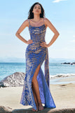 Burnt Out Velvet Blue Spaghetti Straps Corset Bridesmaid Dress With Slit