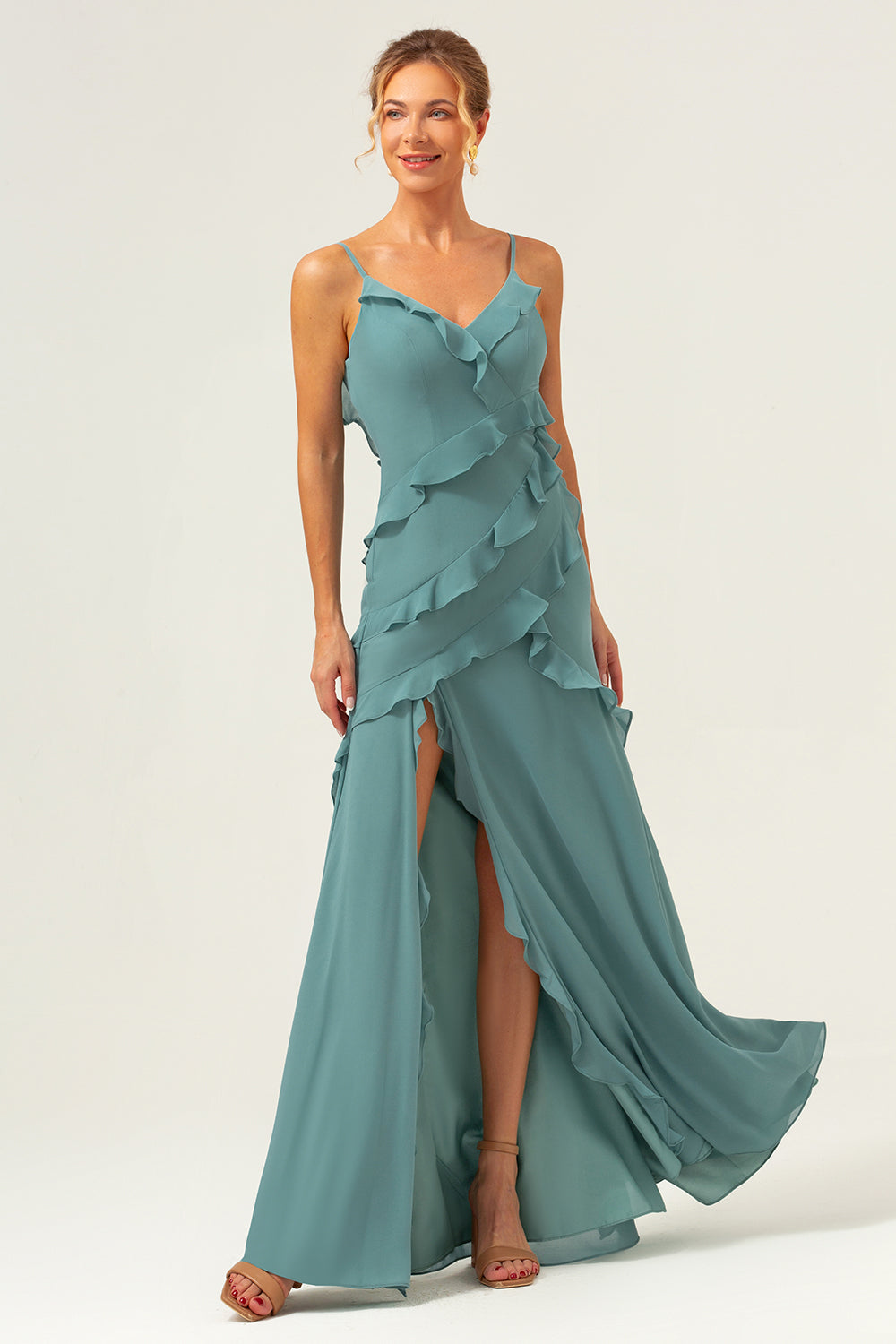 Eucalyptus Sheath Spaghetti Straps Ruffle Long Bridesmaid Dress with Slit