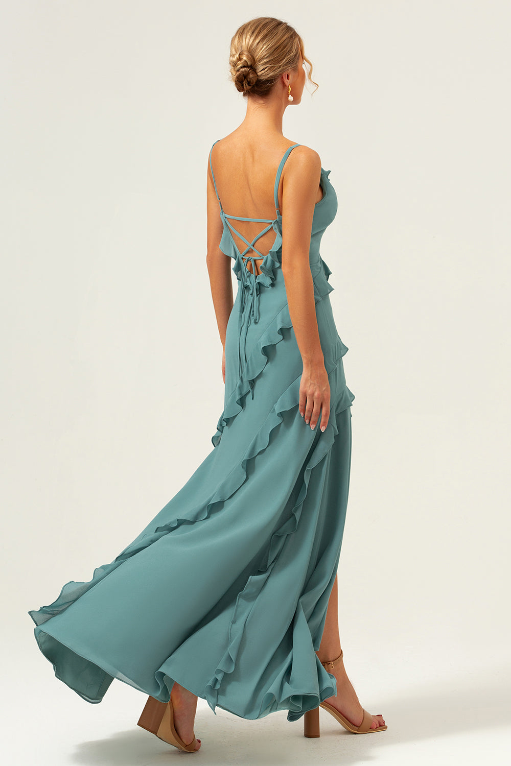 Eucalyptus Sheath Spaghetti Straps Ruffle Long Bridesmaid Dress with Slit