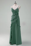 Eucalyptus A-Line Ruffled Chiffon Long Bridesmaid Dress with Slit