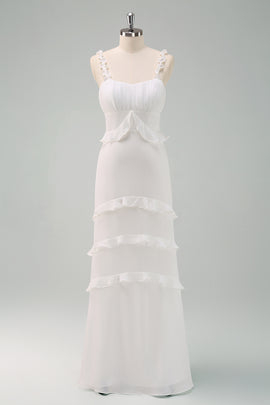 White Sheath Ruffled Bride Dress