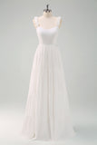 White A Line Ruffled Bride Dress with Bow