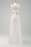 White A Line Ruffled Bride Dress with Bow