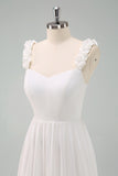 White A Line Ruffled Bride Dress with Bow