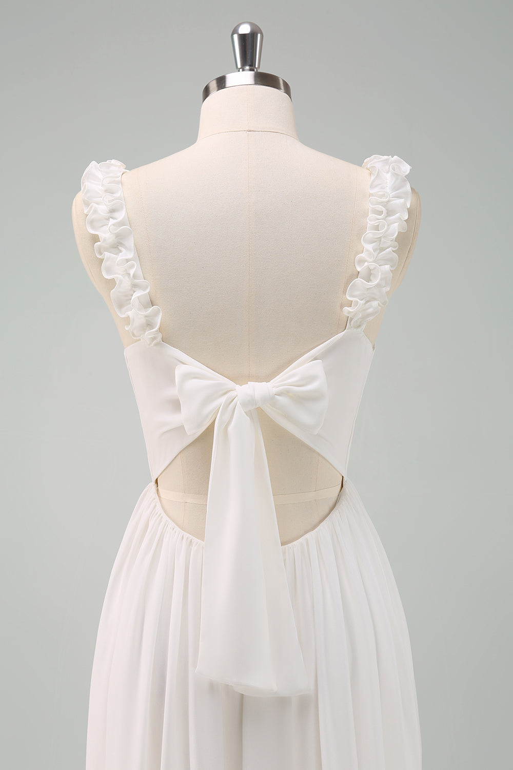 White A Line Ruffled Bride Dress with Bow