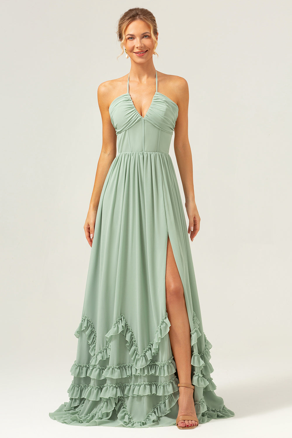 Dusty Sage Halter Corset Ruffled Long Bridesmaid Dress with Slit