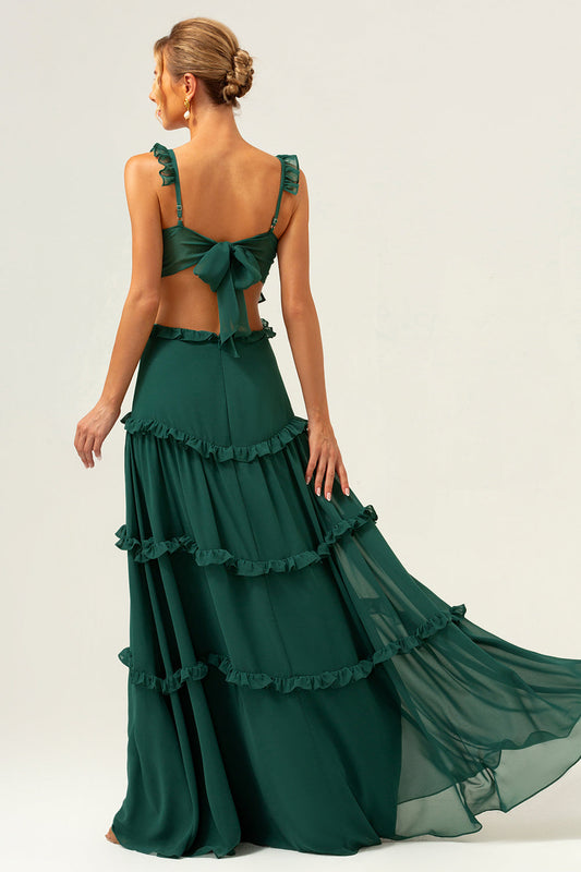 Dark Green A-Line Chiffon Ruffled Long Bridesmaid Dress with Hollow Out