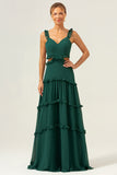 Dark Green A-Line Chiffon Ruffled Long Bridesmaid Dress with Hollow Out