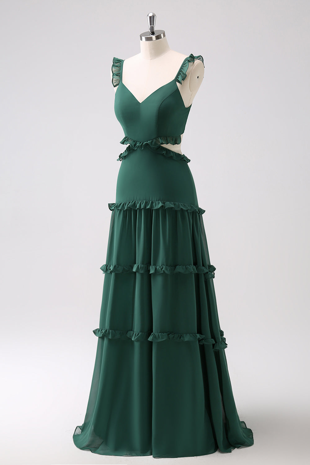 Dark Green A-Line Hollow Out Ruffled Long Bridesmaid Dress