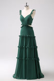 Dark Green A-Line Hollow Out Ruffled Long Bridesmaid Dress