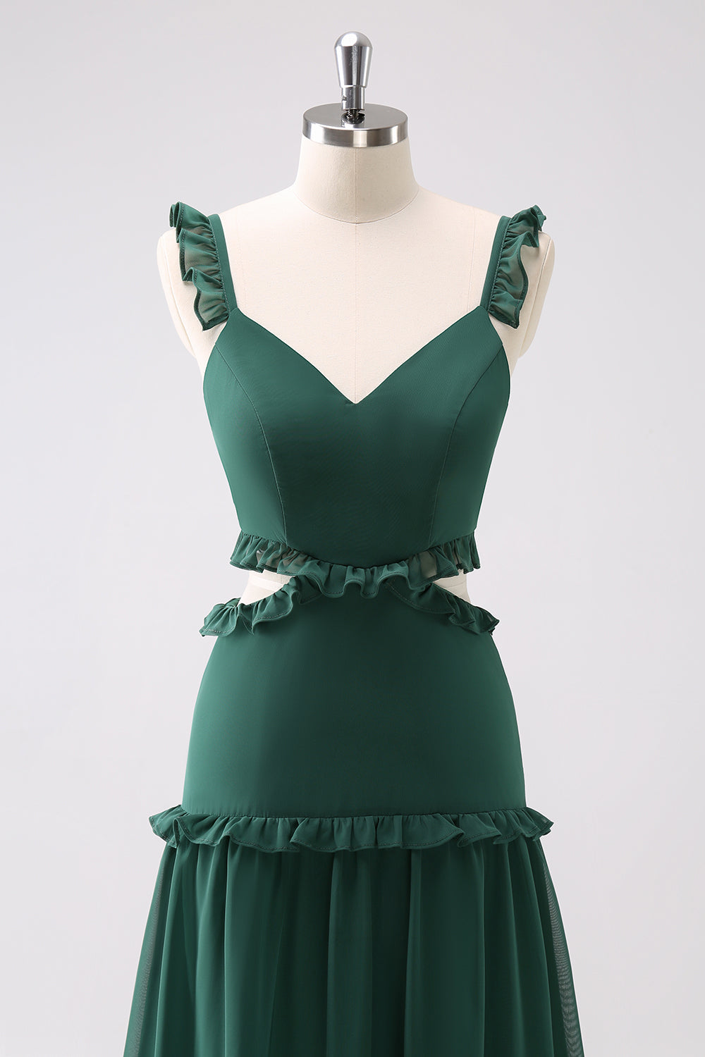 Dark Green A-Line Hollow Out Ruffled Long Bridesmaid Dress