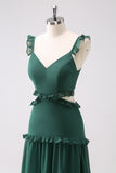 Dark Green A-Line Hollow Out Ruffled Long Bridesmaid Dress