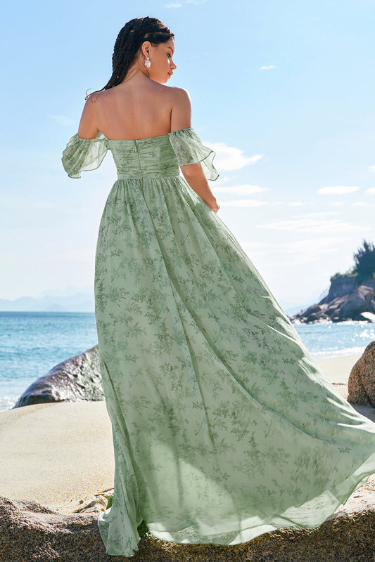 Dusty Sage A-Line Off Shoulder Print Long Bridesmaid Dress with Slit