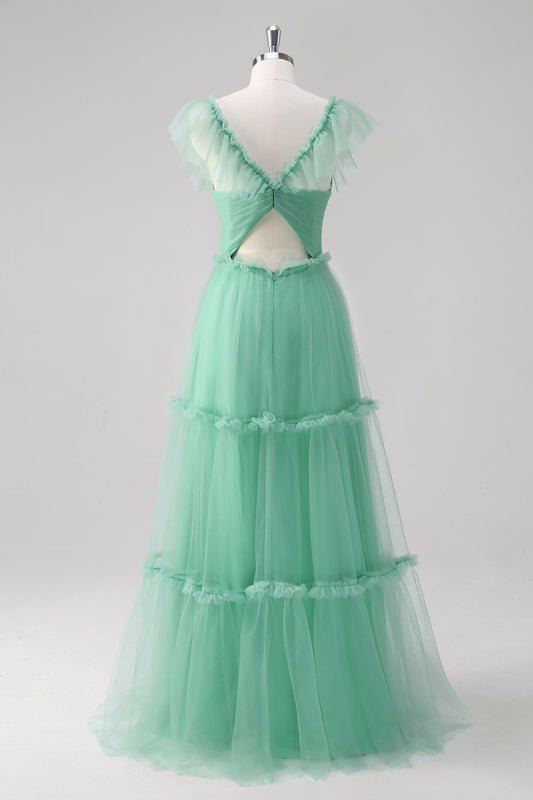 A-Line Green Ruffled Hollow Out Tulle Bridesmaid Dress