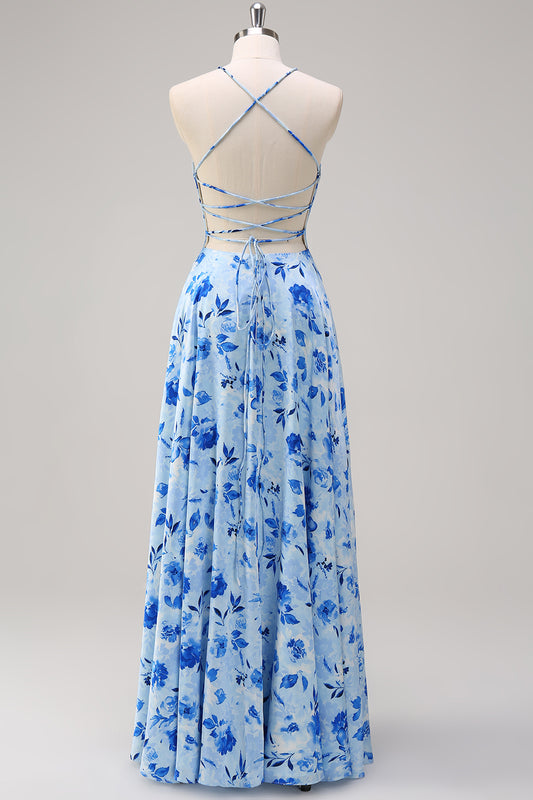 Blue Floral Spaghetti Straps Long Bridesmaid Dress with Slit