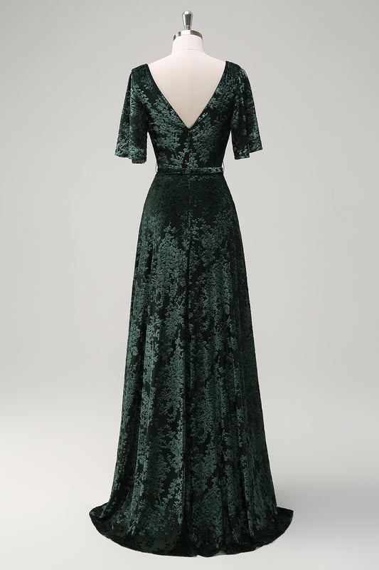 Dark Green Floral V-Neck Embroidered Bridesmaid Dress with Slit