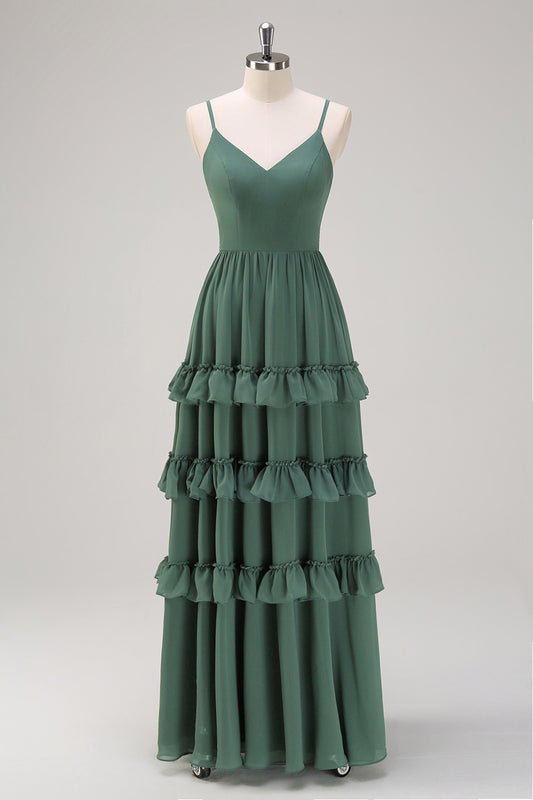 Eucalyptus Ruffled Spaghetti Straps Long Bridesmaid Dress