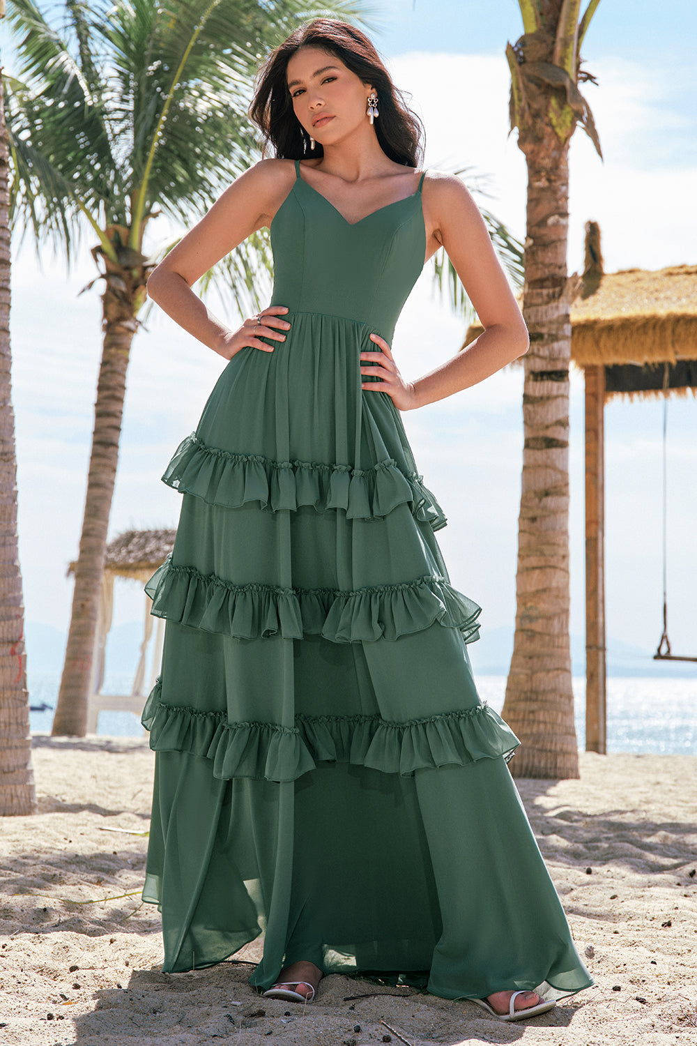 Eucalyptus Spaghetti Straps Long Bridesmaid Dress with Ruffles