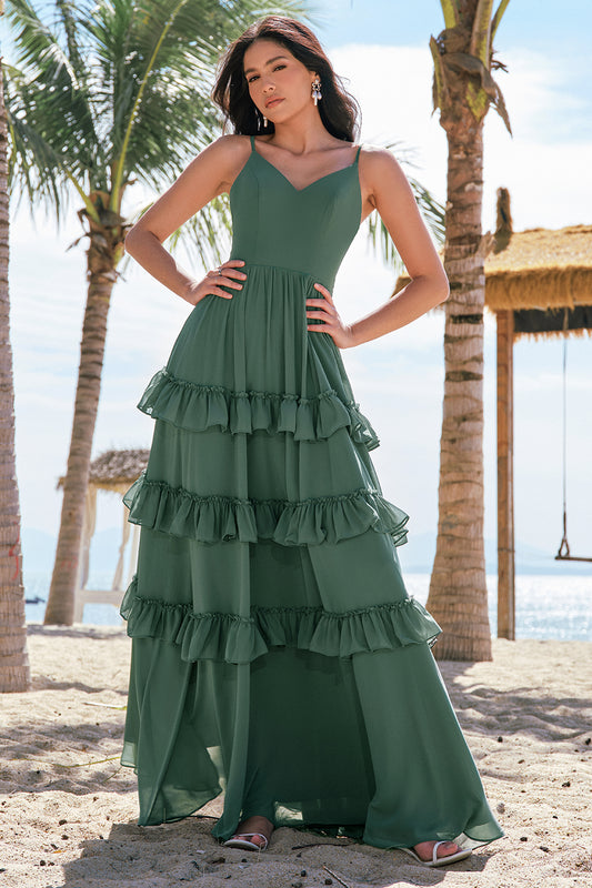 Eucalyptus Spaghetti Straps Long Bridesmaid Dress with Ruffles