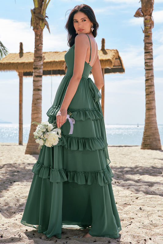 Eucalyptus Spaghetti Straps Long Bridesmaid Dress with Ruffles