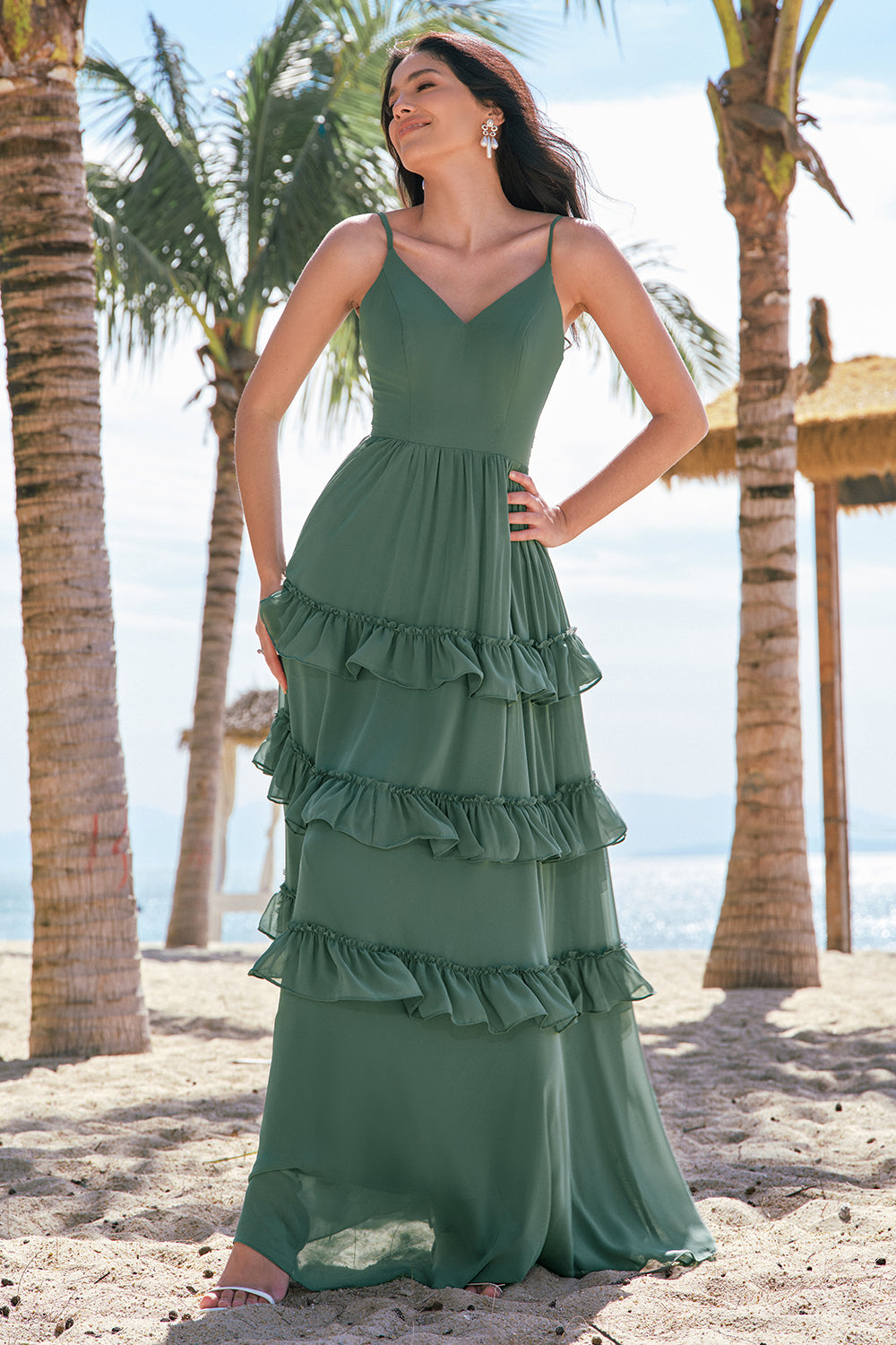 Eucalyptus Spaghetti Straps Long Bridesmaid Dress with Ruffles